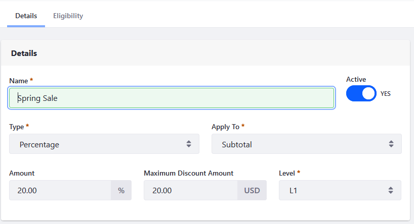 Set the percentage and maximum discount account.