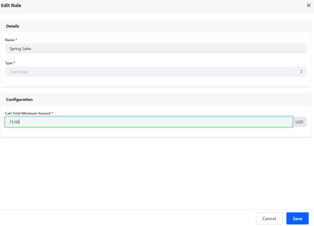 Enter a value in the Cart Total Minium Amount field.