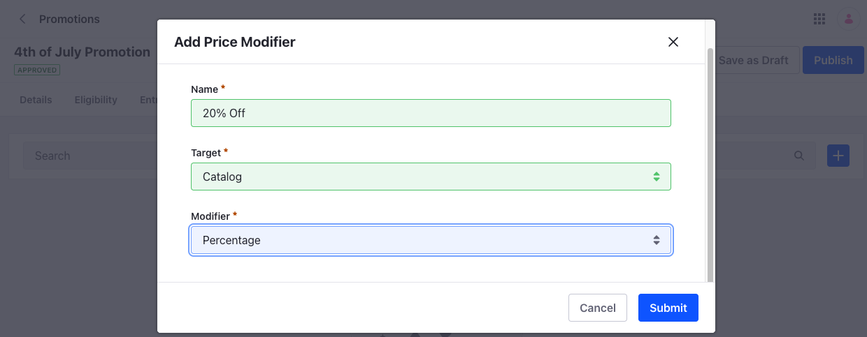 Enter a name, target, and modifier for the new price modifier.