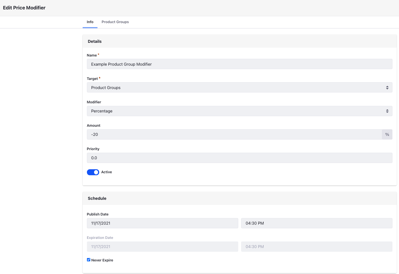 Detailed configuration view of the price modifier.