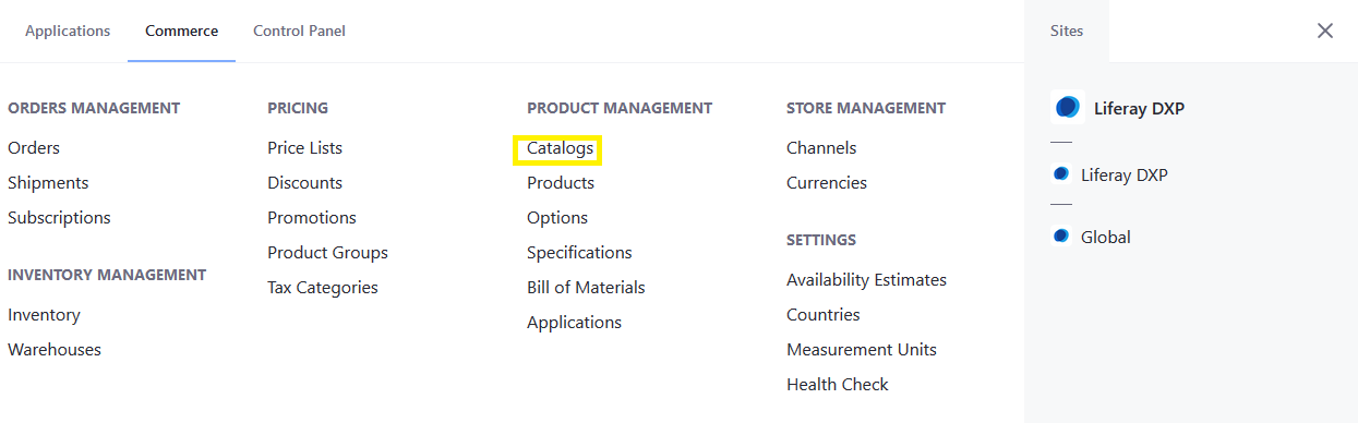 Navigate to the Catalogs in the Commerce section.