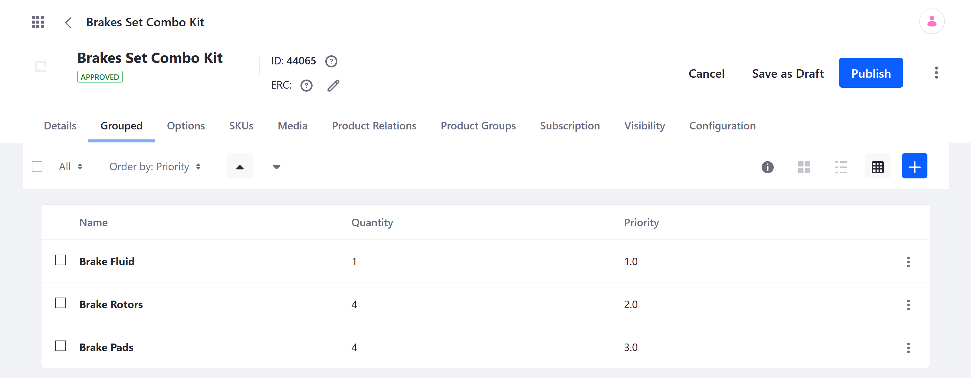 View associated Product entries in the Grouped tab, and determine their quantity and priority.