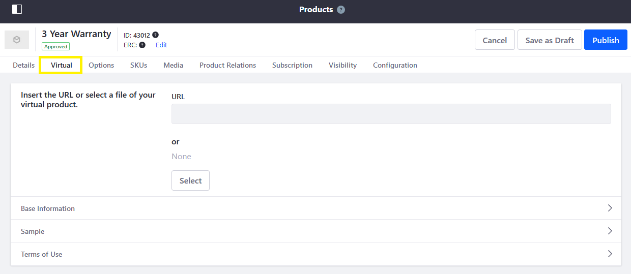 The Virtual sub-tab is used to configure the Virtual Product.