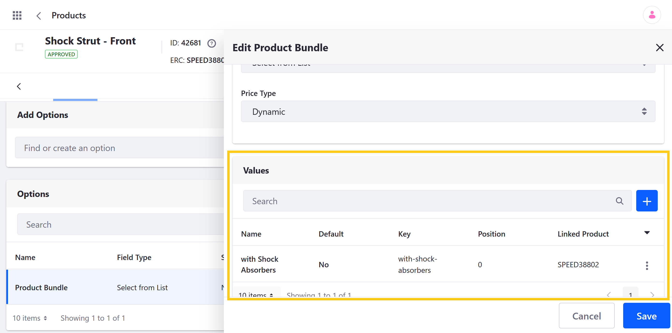 Use this form to add values to the created option.