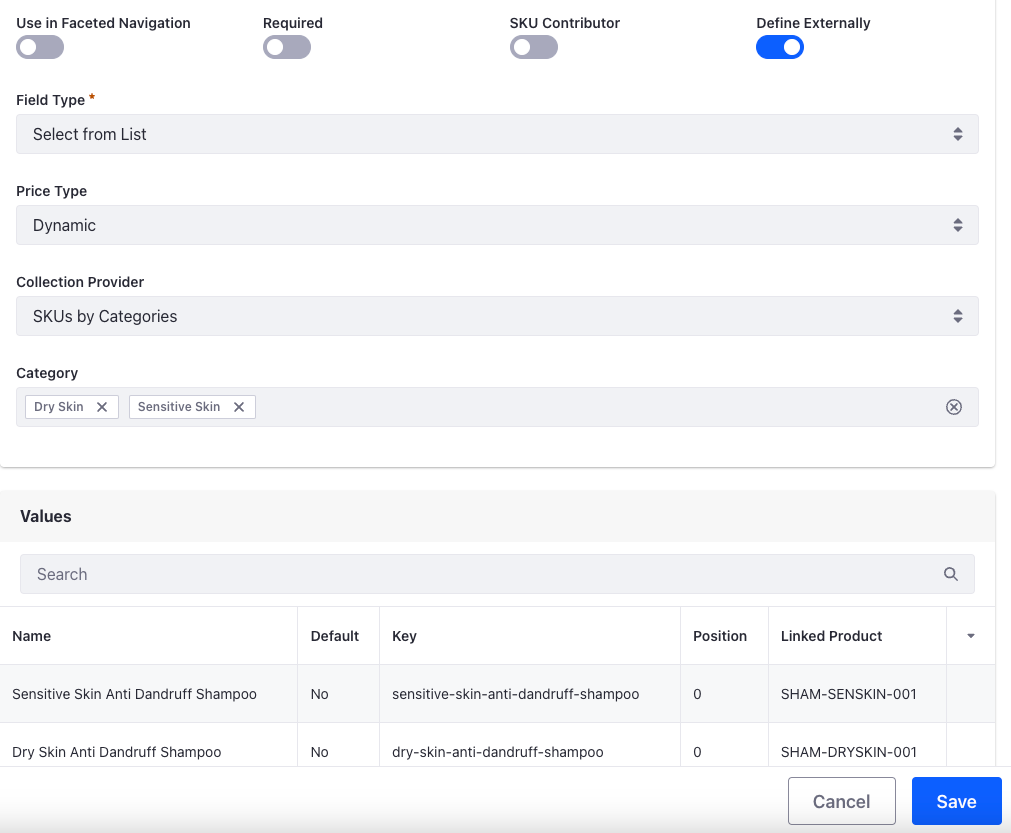 Choose the categories to add associated SKUs as option values.