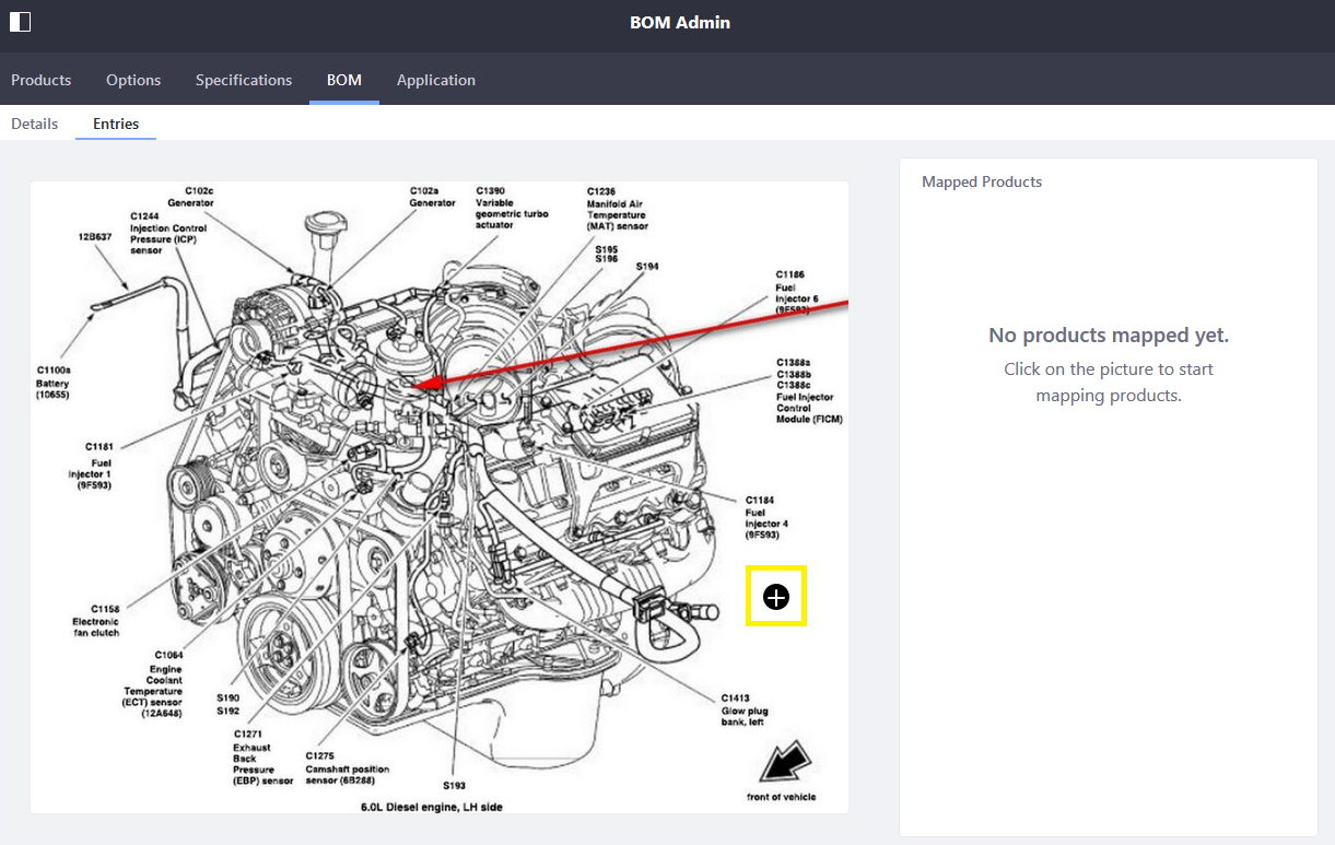 A new Product can be mapped to the BOM by clicking on the plus sign.