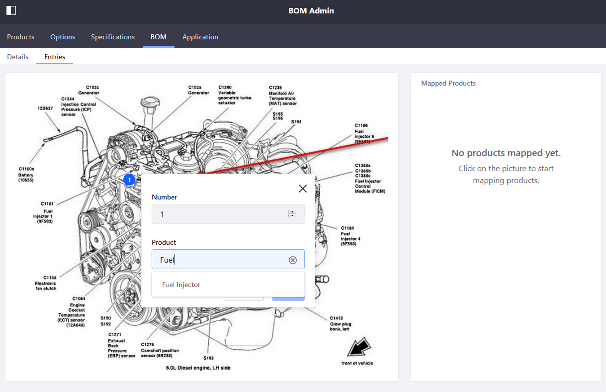 Begin associating products in the BOM diagram.