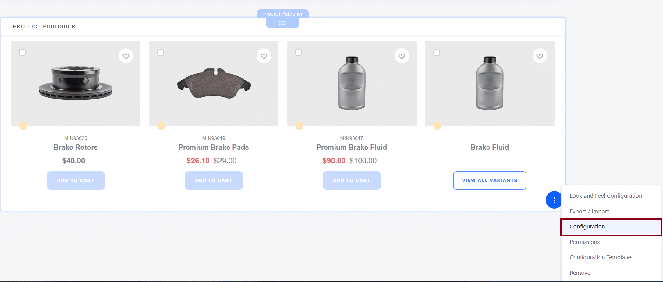Open the configuration menu for the product publisher widget.