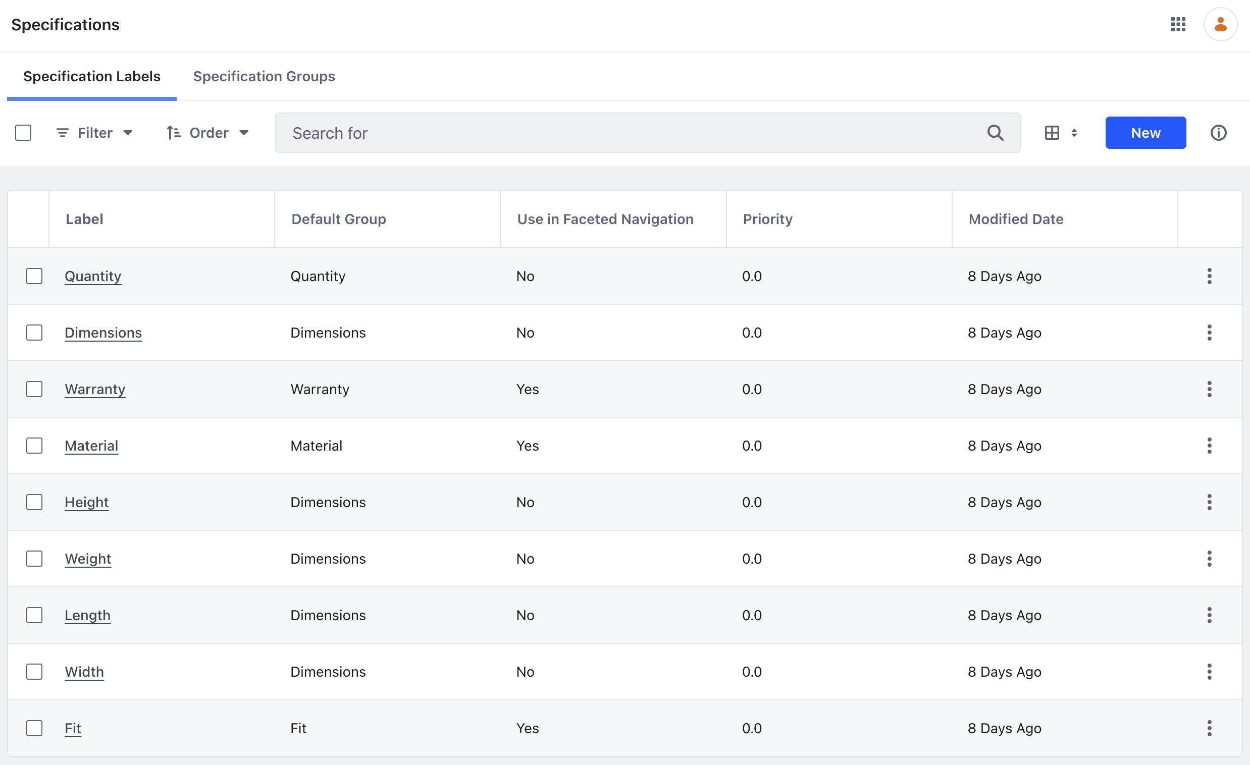 In the specification labels sub-tab, you can view, create, and manage specification labels.