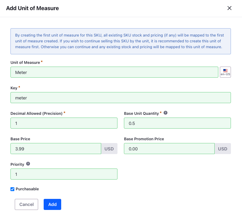 Enter the required details to create a new unit of measure.