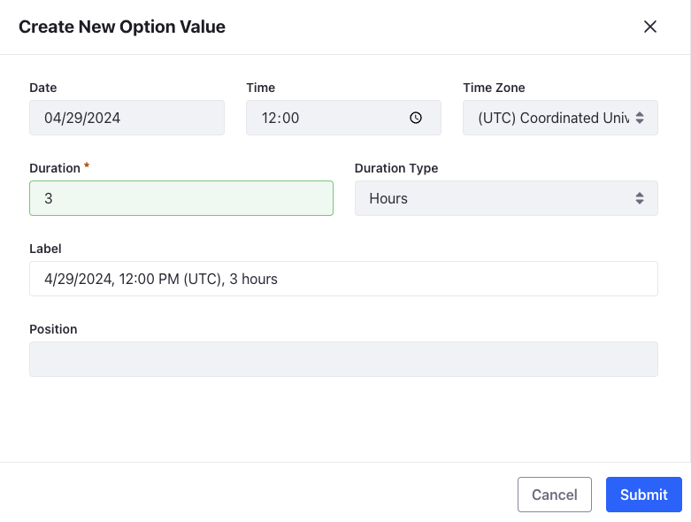 Enter information for the date/time option value.