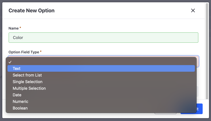 The following option field types are available when creating an option.