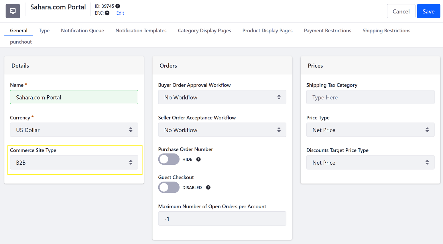 Select the Site Type from the Channels settings.