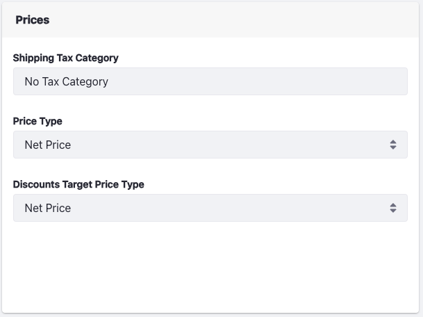 Set the tax category, price type, and discounts target type in the Prices section.