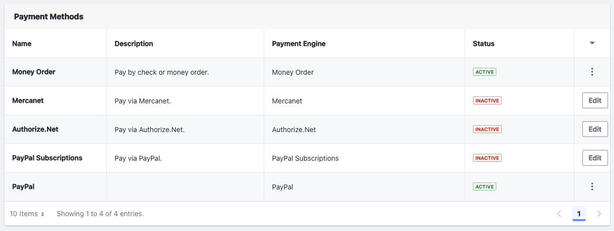 The Payment Methods section allows you to choose which payment method to use.