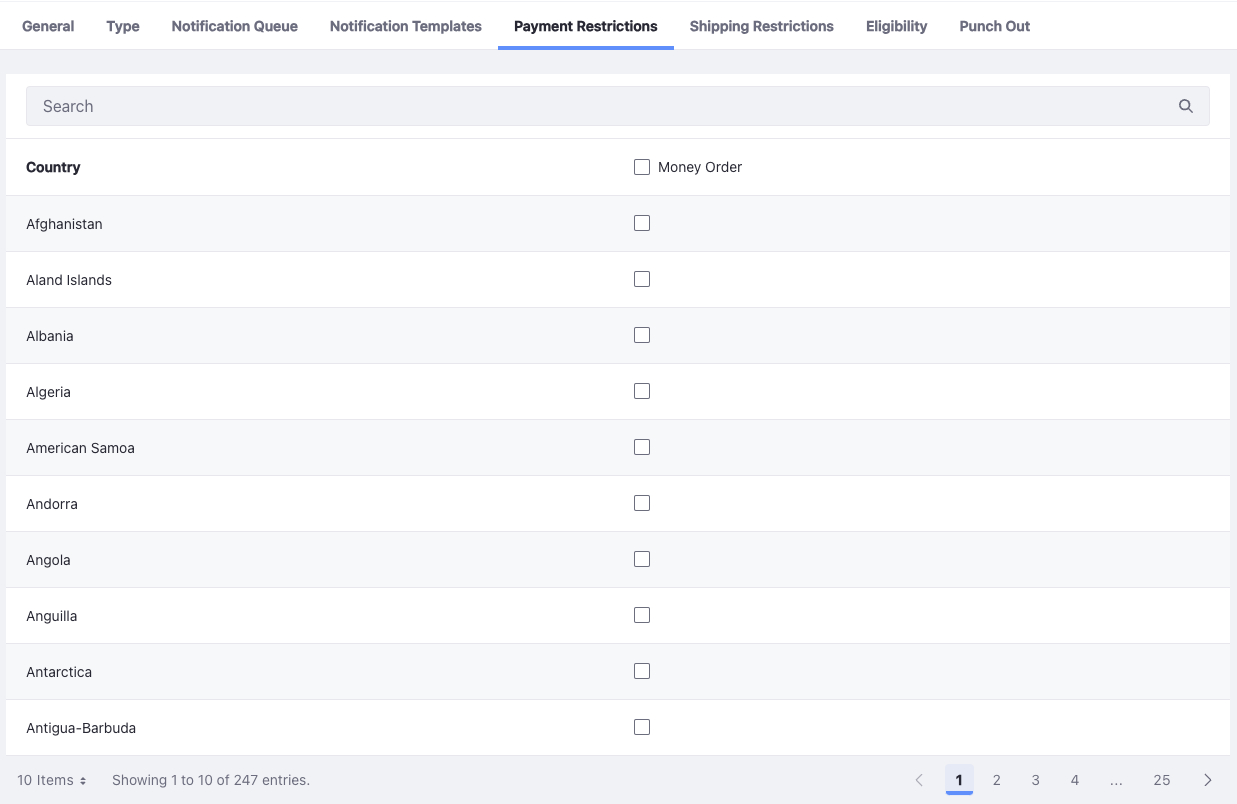 Select countries to restrict accounts from using the chosen payment method.