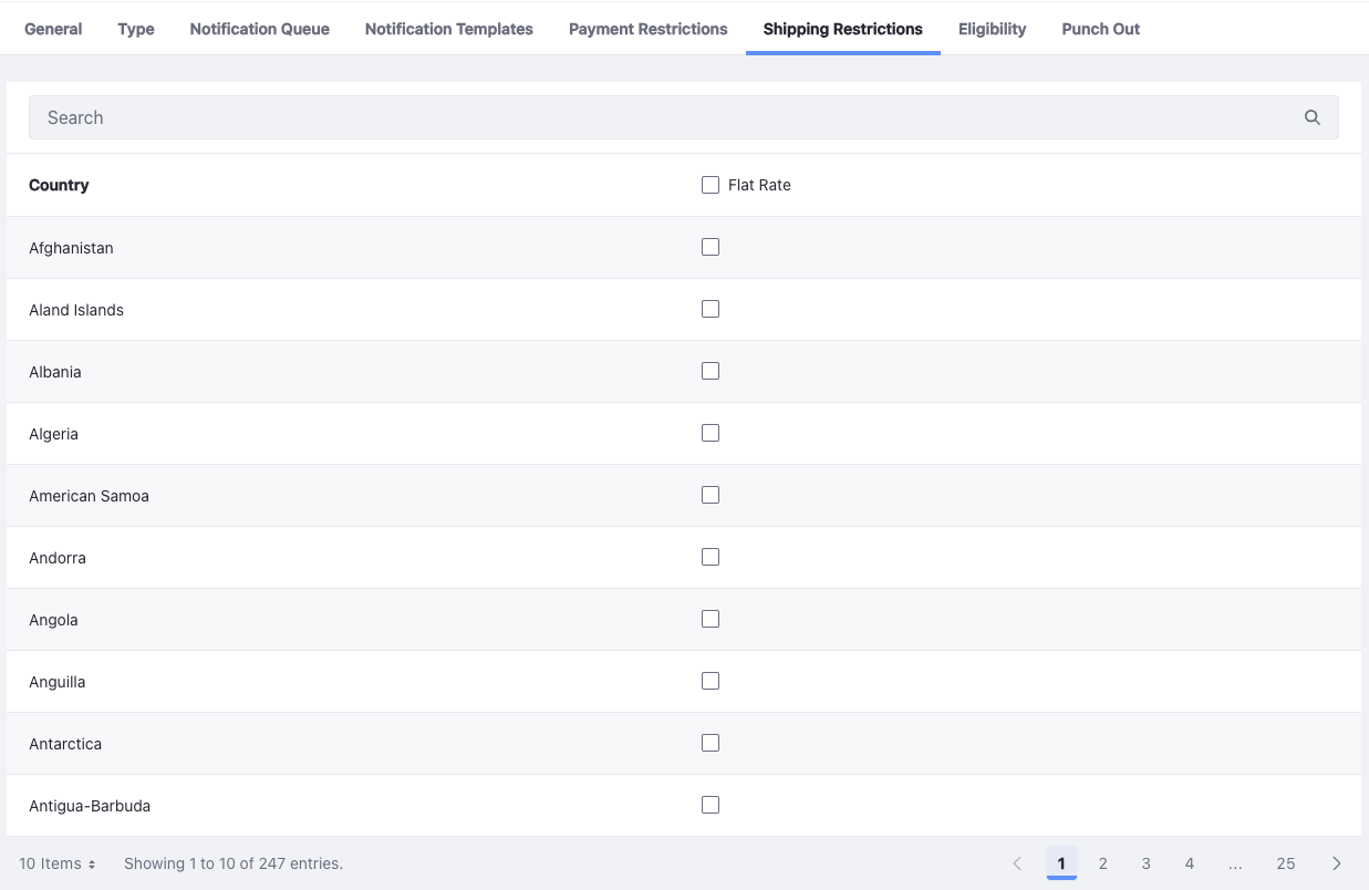 Select countries to restrict accounts from shipments.