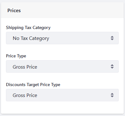 Set the tax category, price type, and discounts target type in the Prices section.