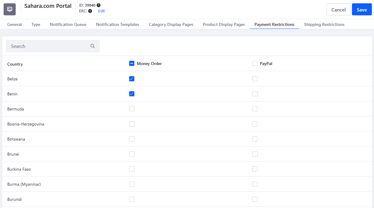 Select countries to restrict accounts from shipments.