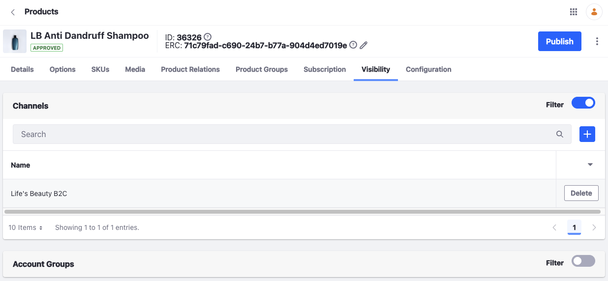 Go to the Visibility tab to filter products by account groups or channels.