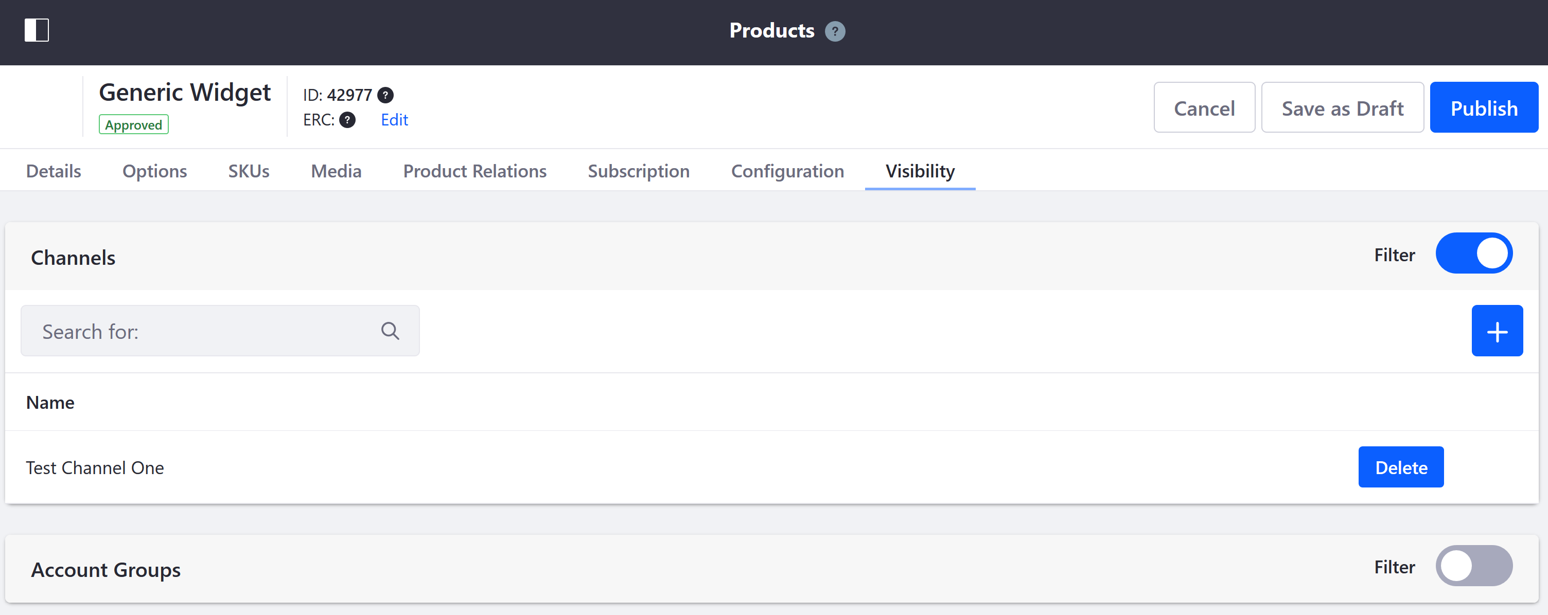 Go to the Visibility tab to filter products by account groups or channels.