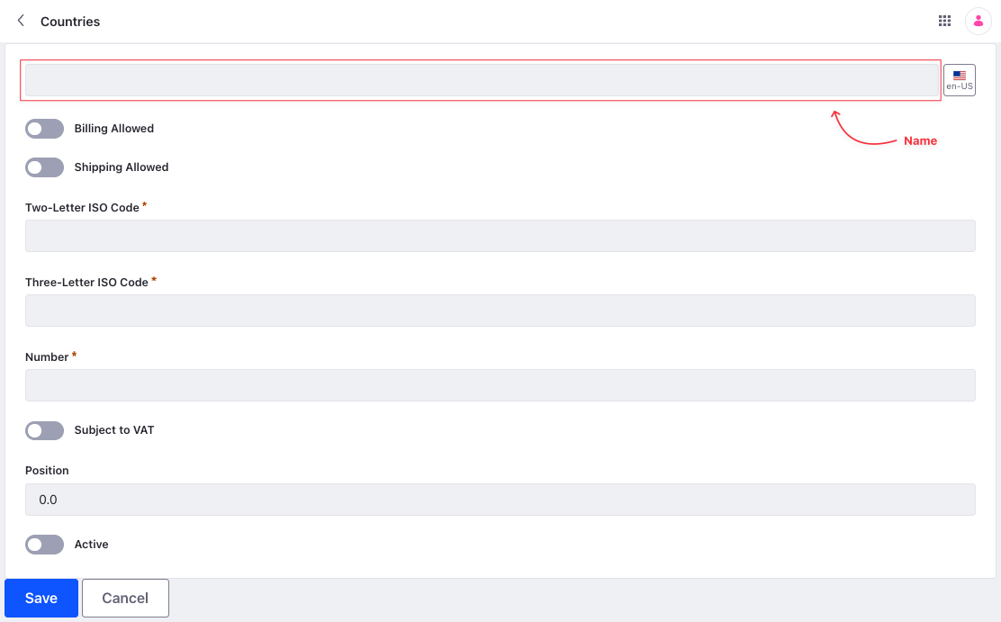 Enter the required information to add a country to your Liferay instance.