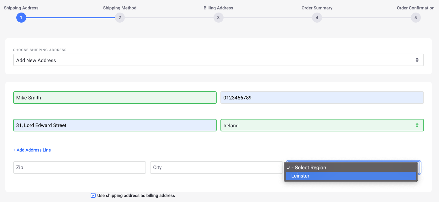 Leinster appears as a region in the drop-down while checking out.