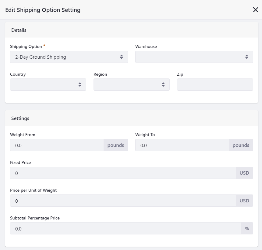 Shipping options screen.