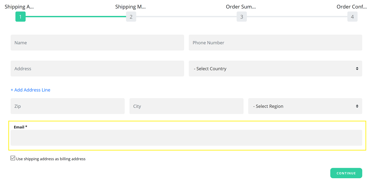 The email address field appears in the initial checkout process.