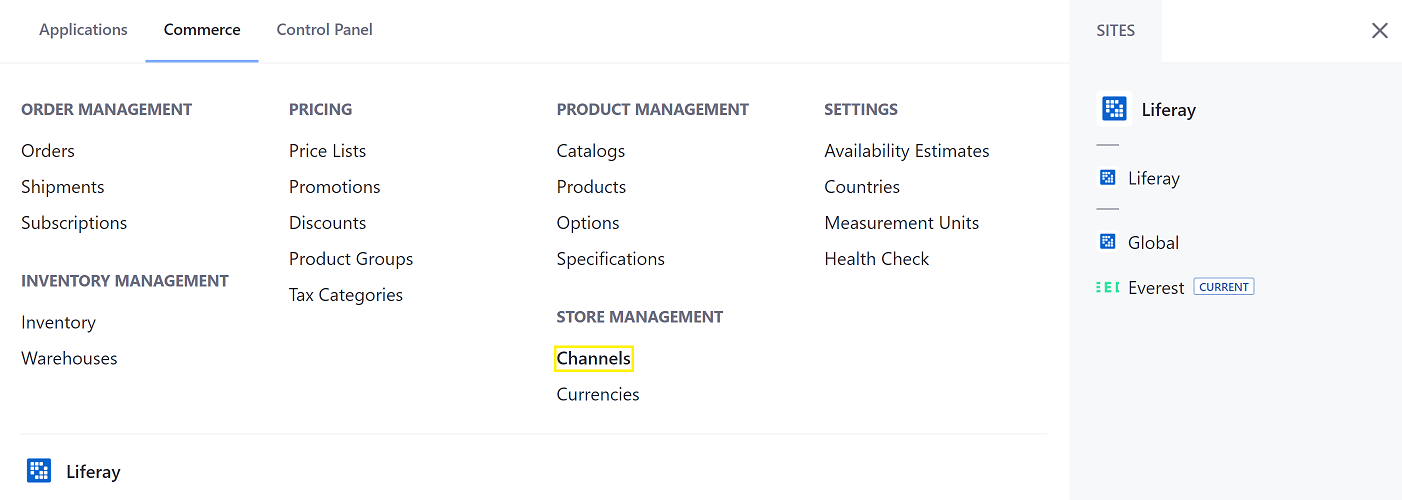 CommerceグローバルメニューでCommerce設定にアクセスします。