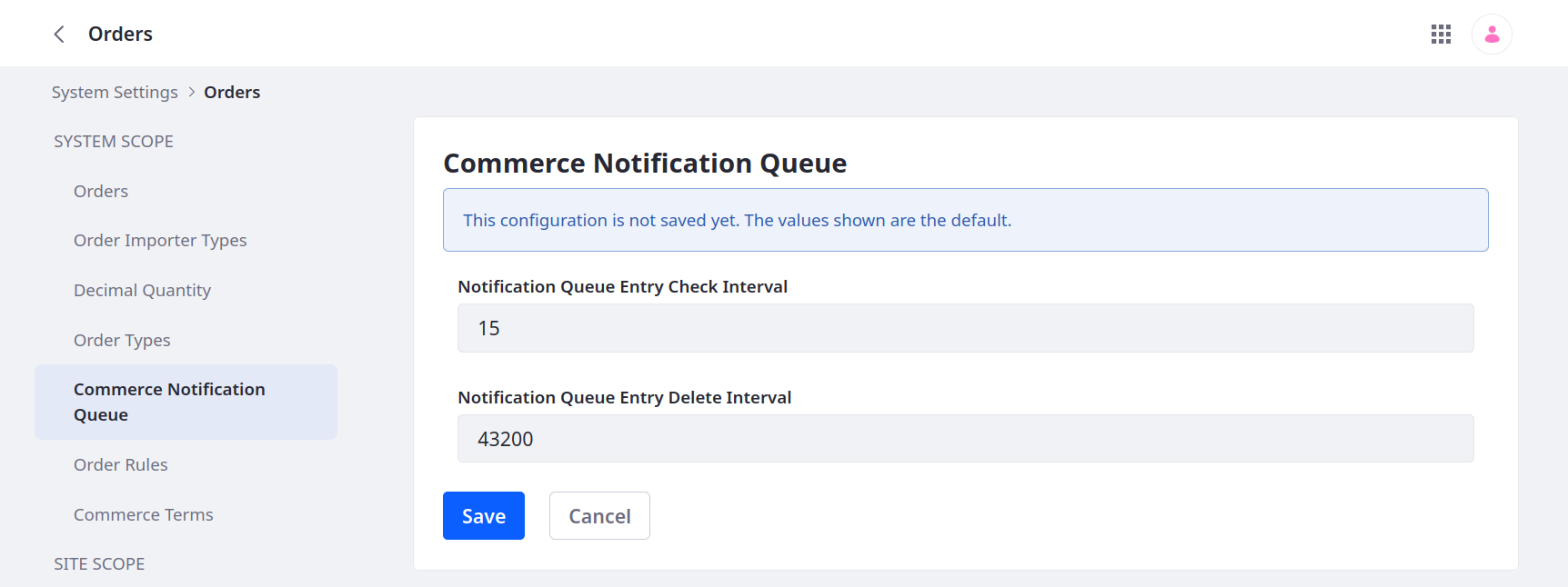Change the default values for the Notification Queue Entry Check and Delete Intervals