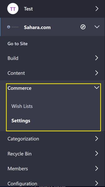 サイト管理」メニューを開き、「Commerce」の「Settings」に移動します。
