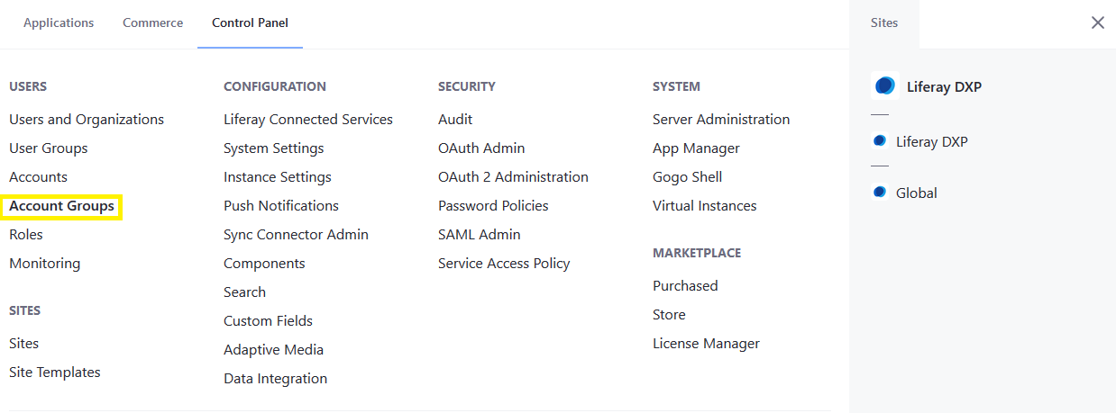 Navigate to Account Groups in the Control Panel.