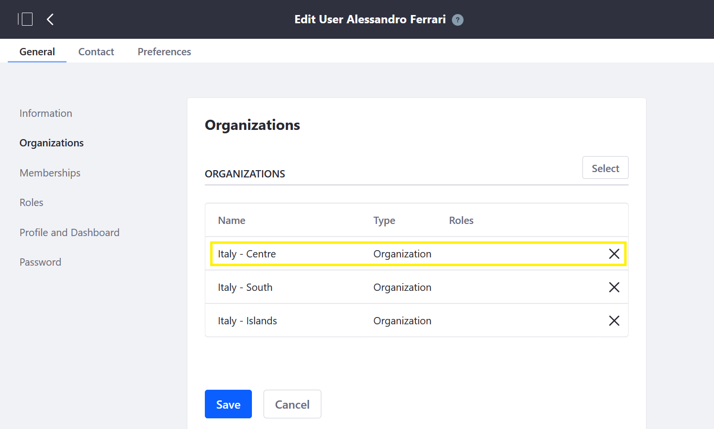 By assigning or un-assigning an organization from a user, you can manage that person's access permissions.