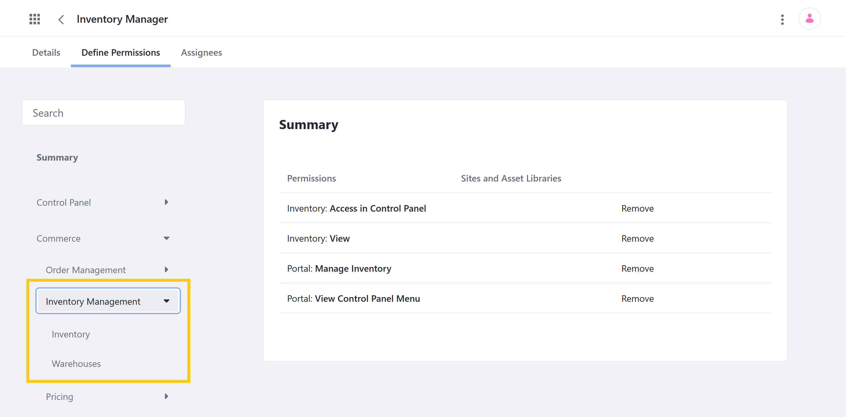 Manage Inventory Management permissions for user roles in the Define Permissions tab.