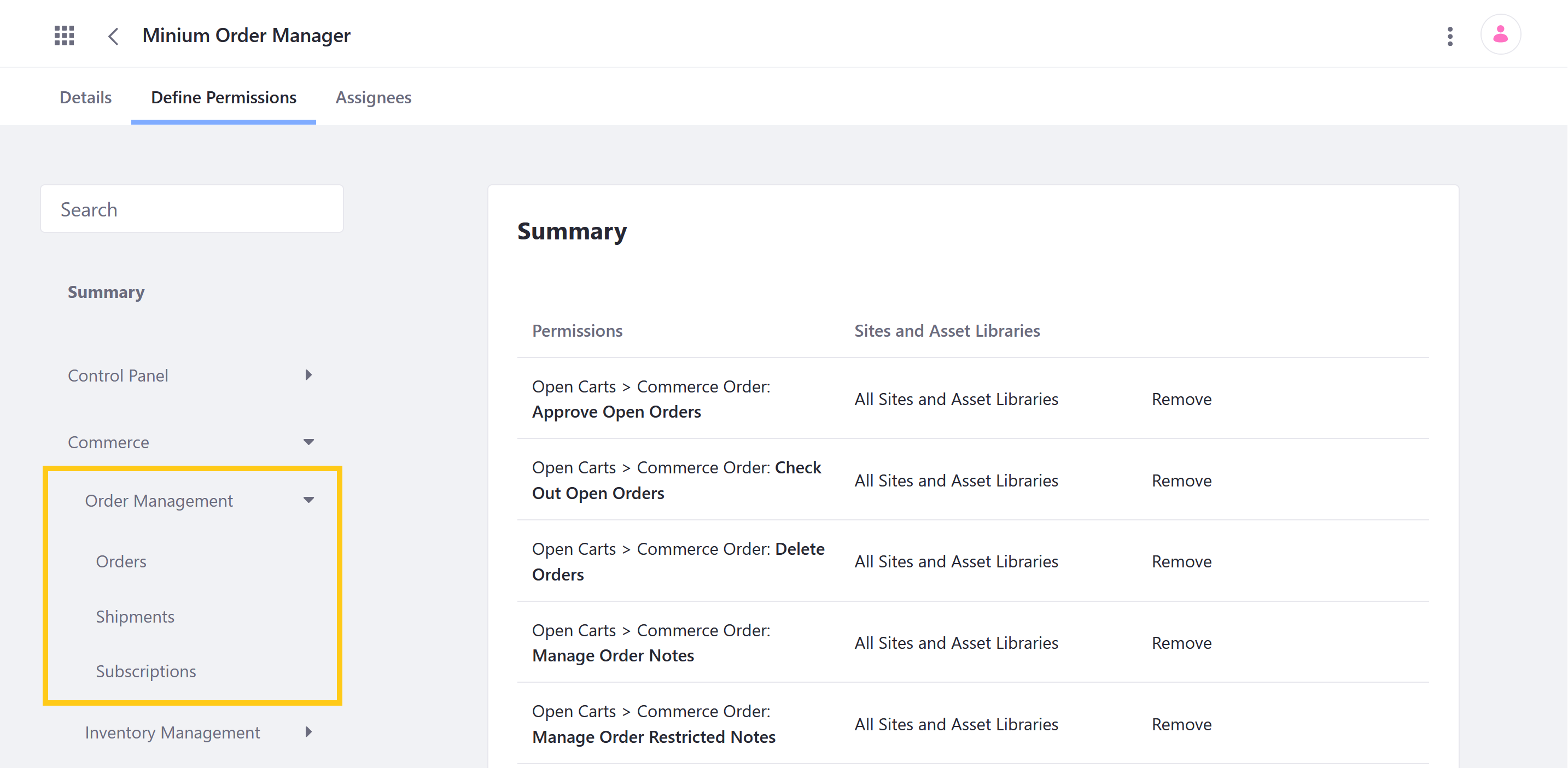 Manage Order Management permissions for user roles in the Define Permissions tab.