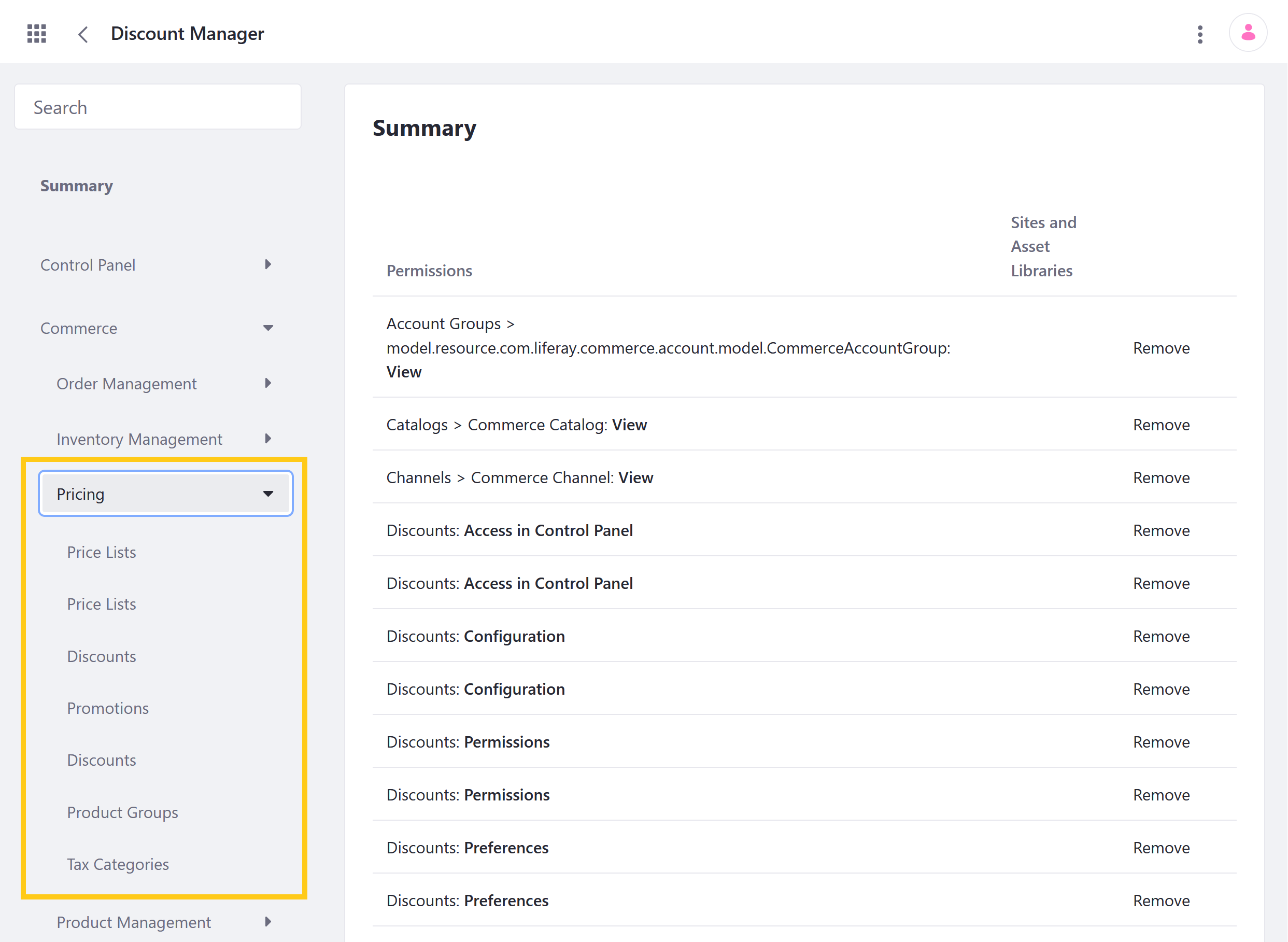 Manage Pricing permissions for user roles in the Define Permissions tab.