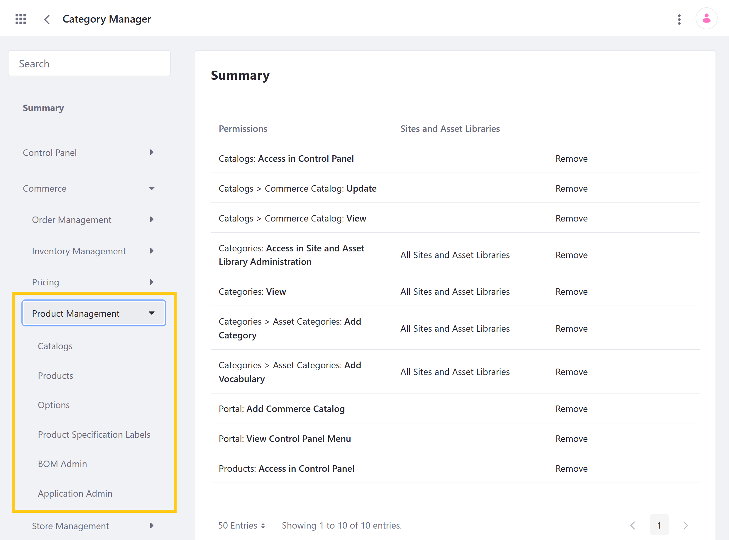 Manage Product Management permissions for user roles in the Define Permissions tab.