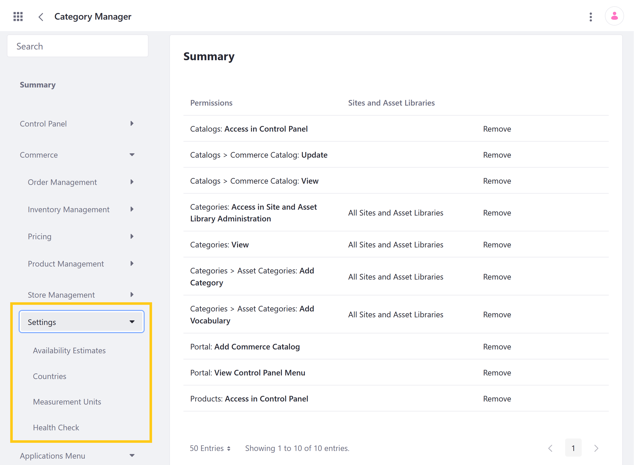 Manage Settings permissions for user roles in the Define Permissions tab.