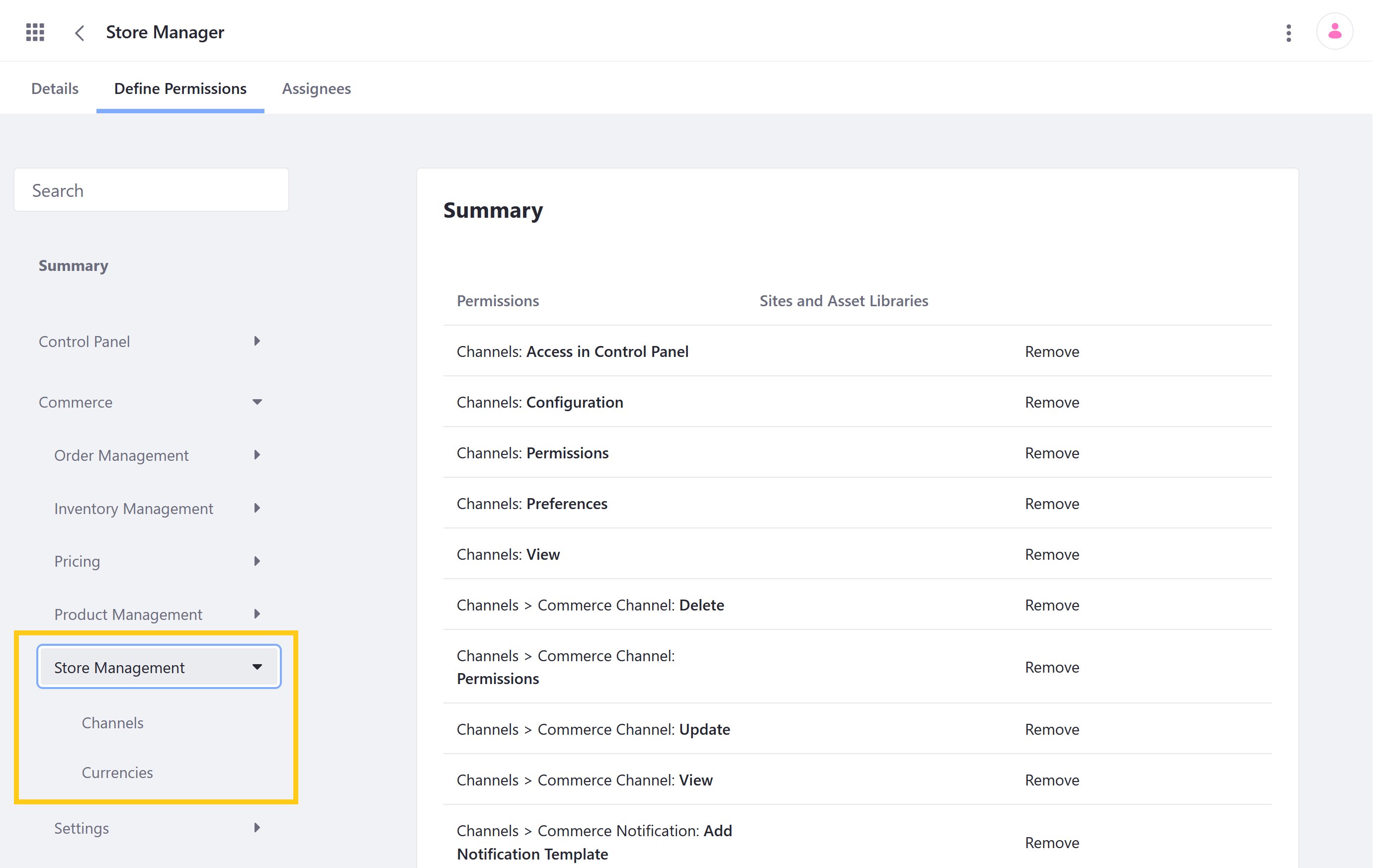 Manage Store Management permissions for user roles in the Define Permissions tab.