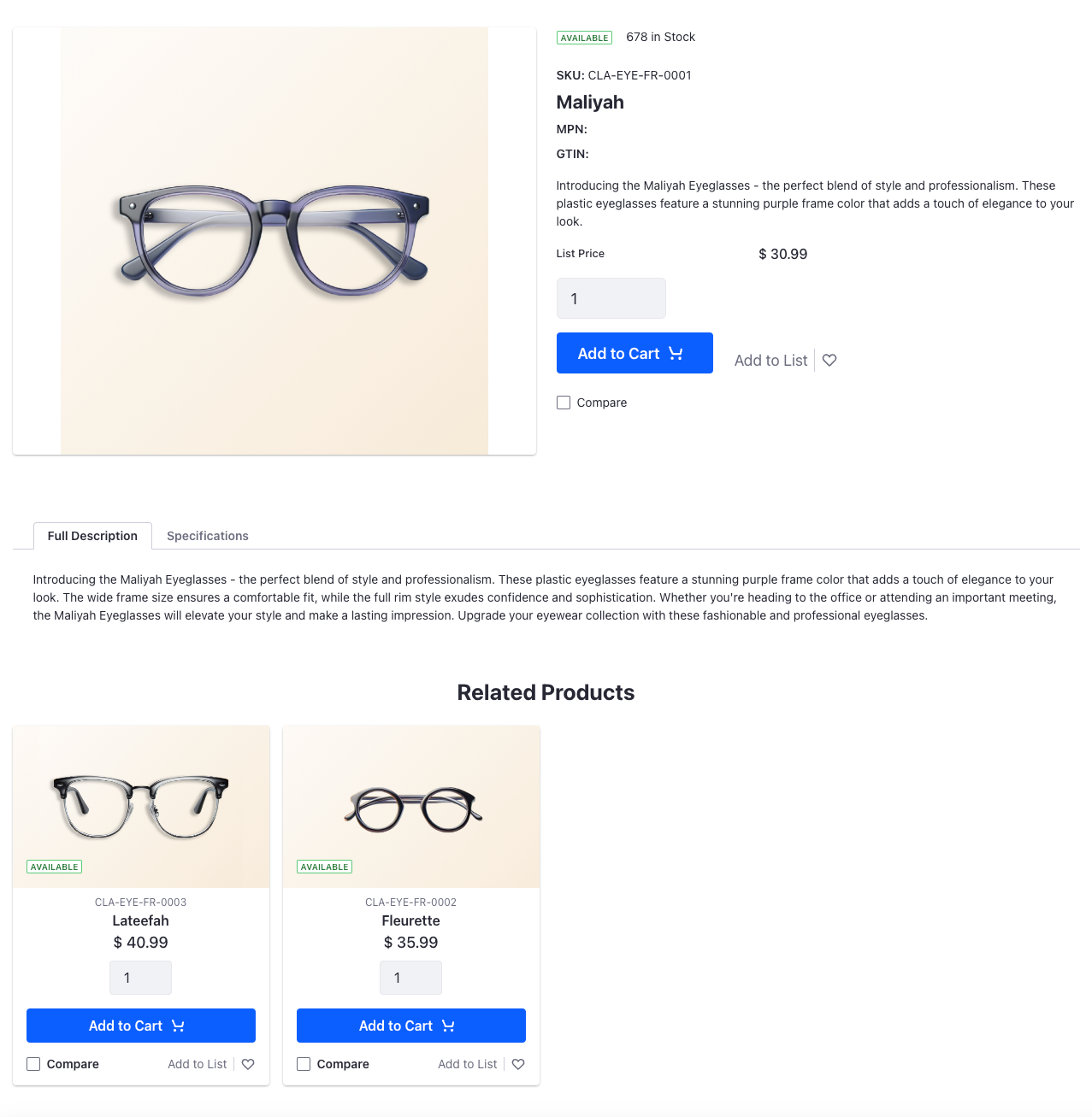 The product details page displays more information about the selected product.