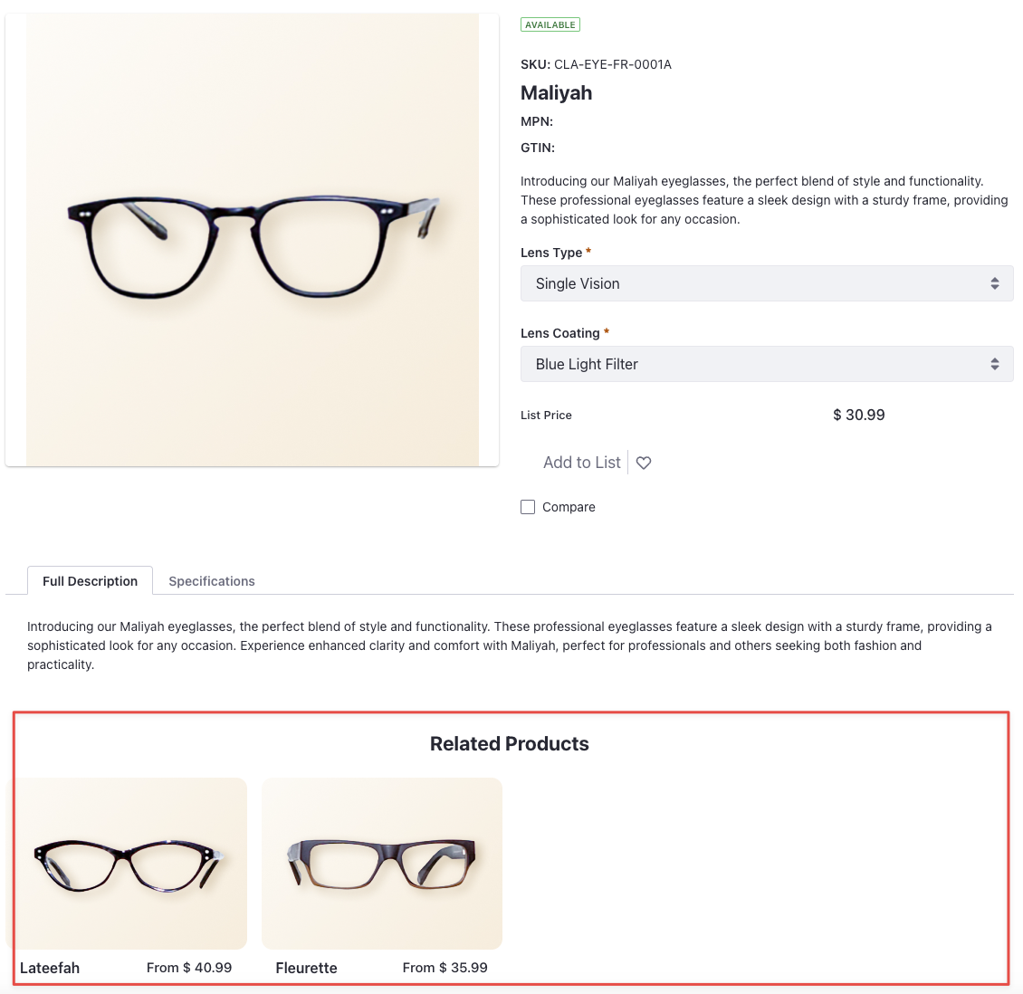 Products related to the Maliyah eyeglasses.