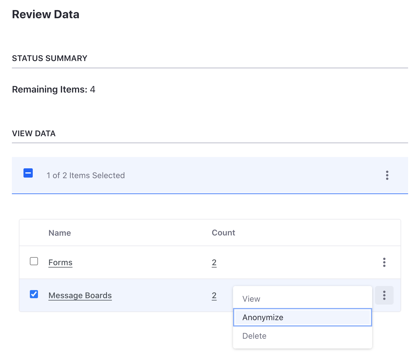 Select each category of data to anonymize.