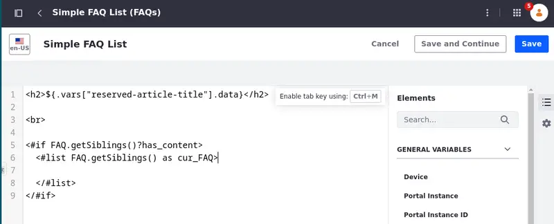 Clicking a repeatable field adds FreeMarker tags that iterate over each instance in the content.