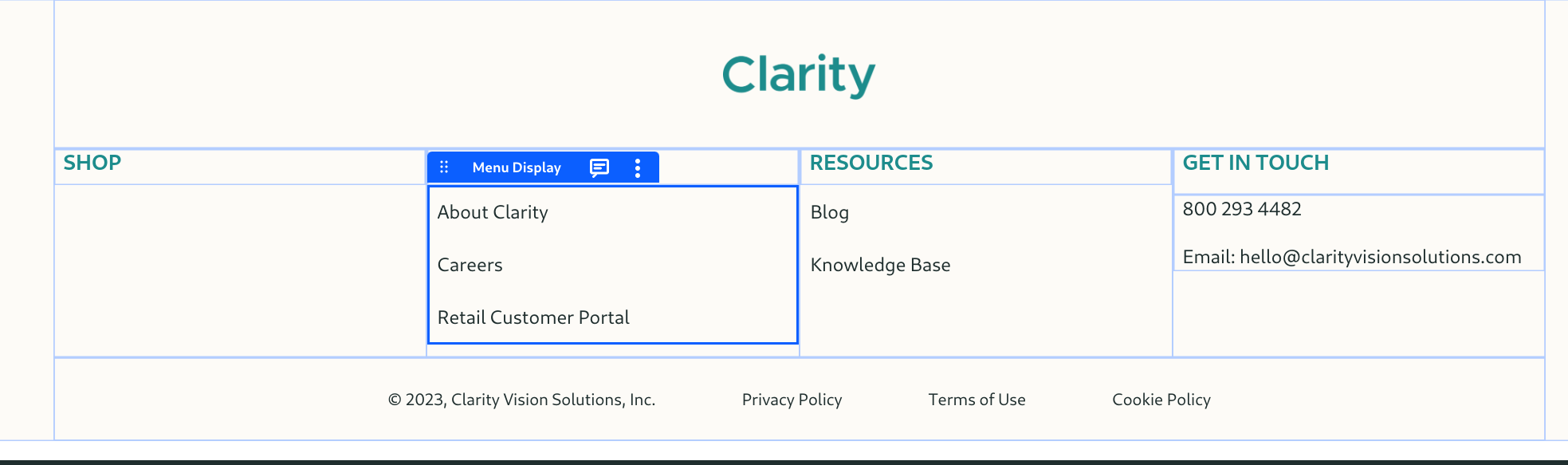 The first three grid columns have Menu display widgets.