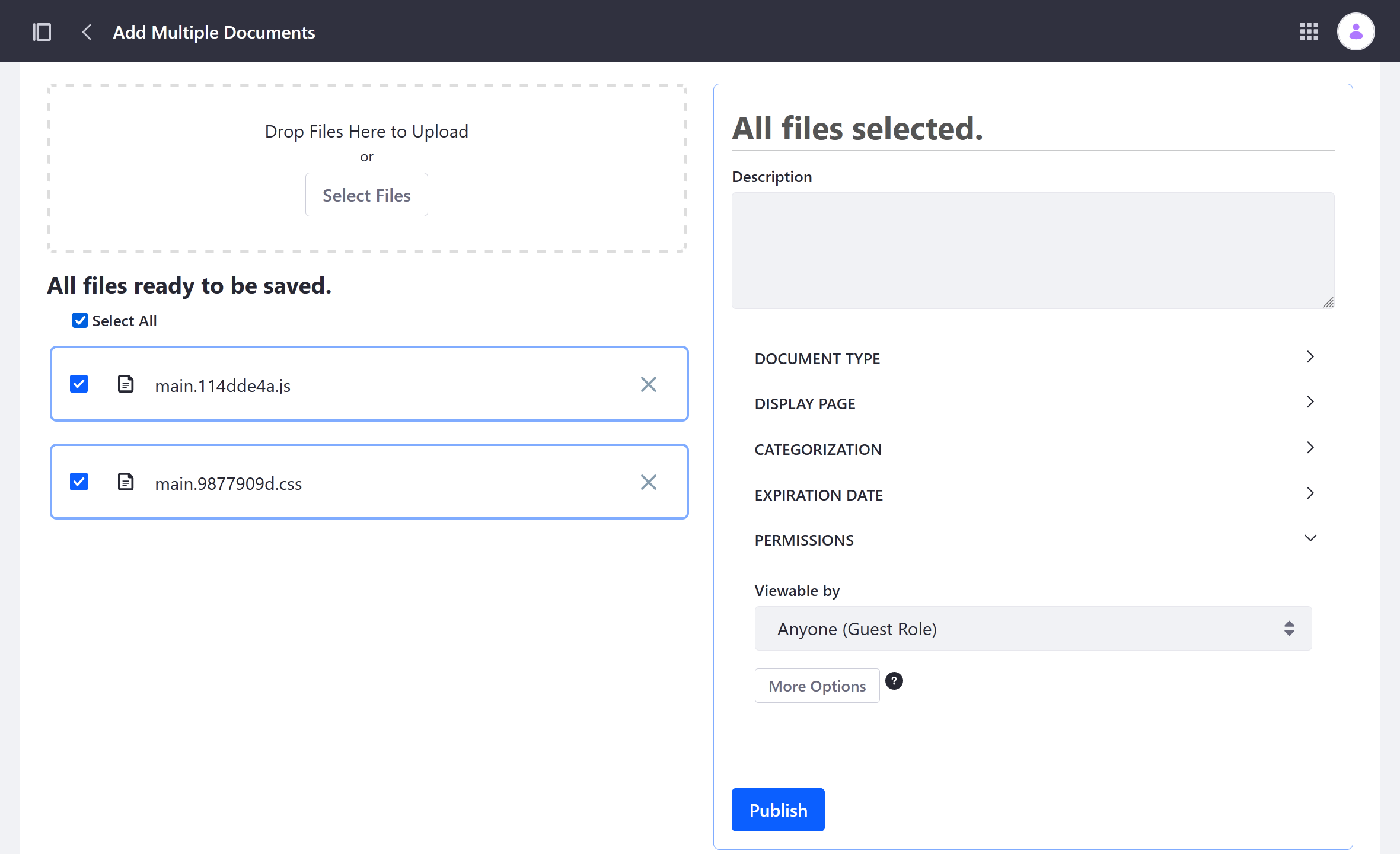 Upload the .js and .css files to the Liferay Document Library.