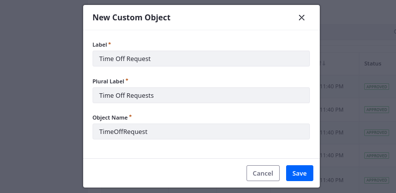 Enter a Label, Plural Label, and Name for the object draft.