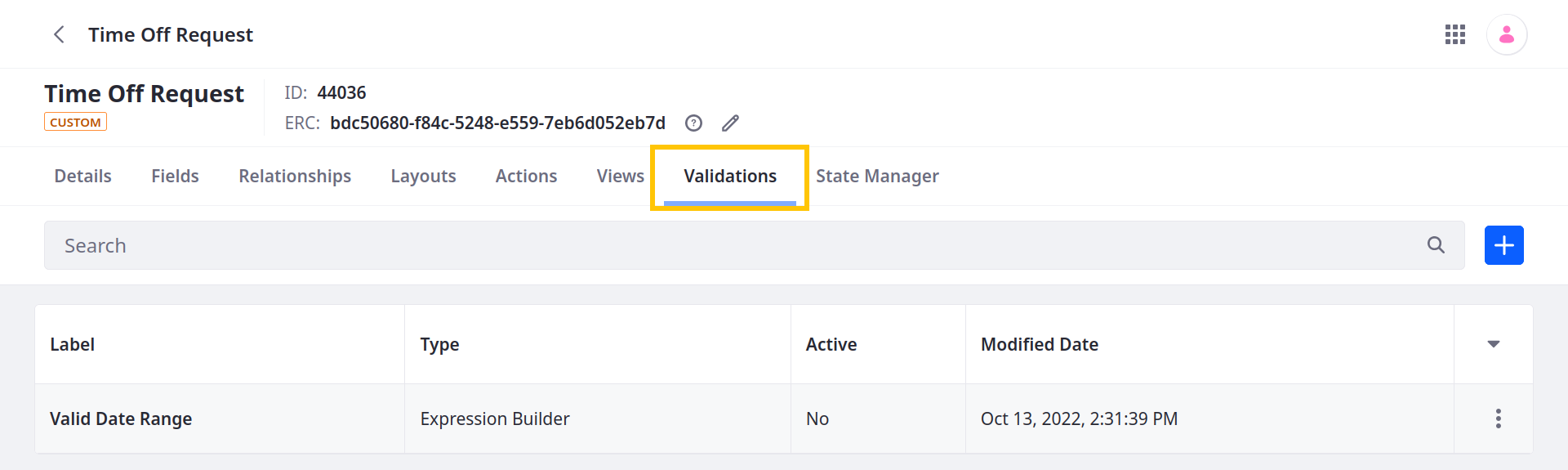 Add custom validations to the object from the Validations tab.