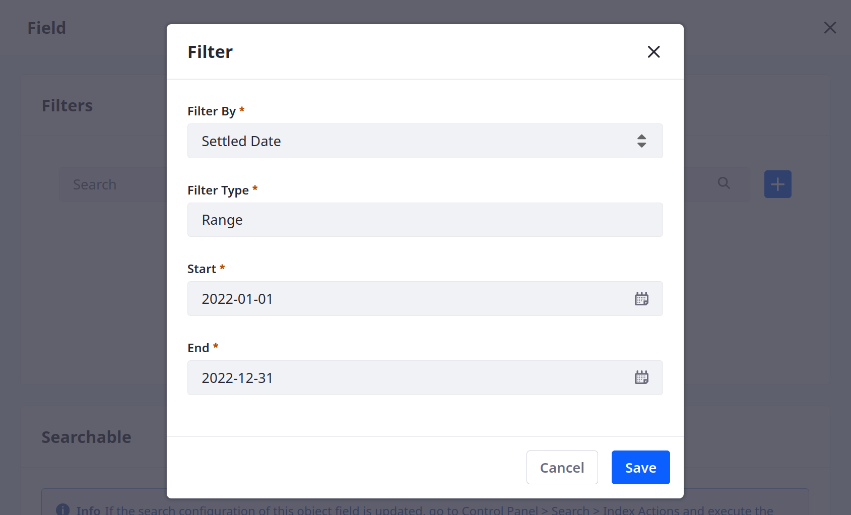 Select a field and filter type.
