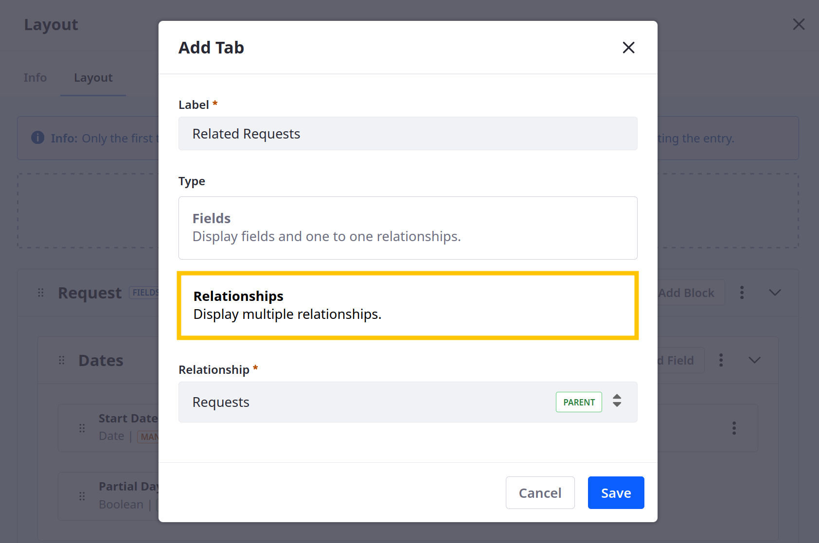 For tab type, select Relationships and choose a relationship table to display.